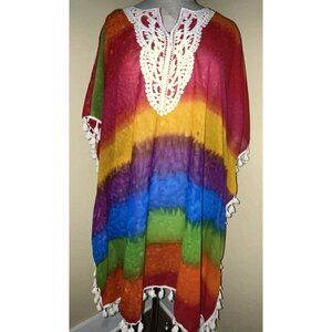 CYN Rainbow Kimono Cover Up Tunic Dress Artsy Boho Tassels Lace ONE SIZE